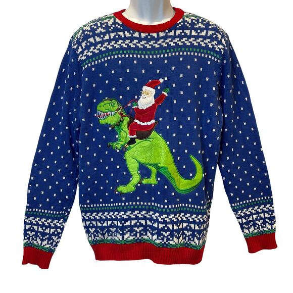 Blizzard Bay Santa Rides A T-Rex Ugly Christmas Sweater Size Large NWOT - Picture 1 of 5
